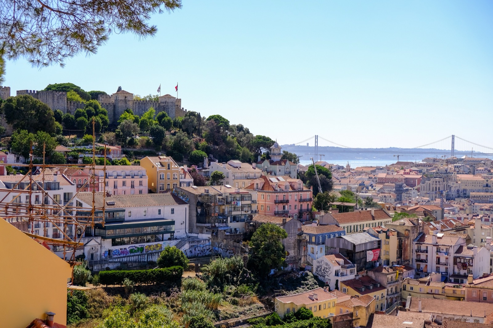Les toits de Lisbonne, le château São Jorge et le pont du 25 Avril sous un ciel bleu.